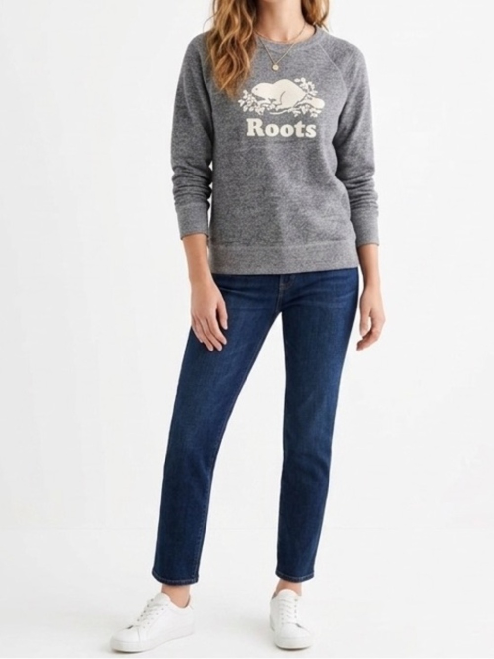 Roots  Logo Salt & Pepper Crewneck Fitted Sweatshirt